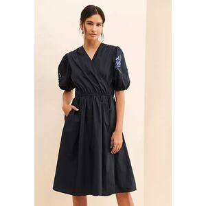 Anthropologie soonsu Dress Wrap Navy Embellished Cottagecore Preppy Sz 40 Us 10